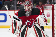 New Jersey Devils goaltender Jonathan Bernier protects the net during the second period of the team's NHL hockey game against the Seattle Kraken on Tuesday, Oct. 19, 2021, in Newark, N.J. (AP Photo/Frank Franklin II)