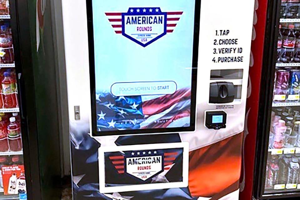 An American Rounds ammunition vending machine installed in a Fresh Value grocery store in Tuscaloosa, Alabama (AP)