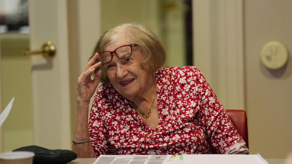 Retired 96 year old Teaneck English teacher Eva Barron leads the Creative Writing Club at Arbor Terrace, a retirement community in Teaneck, NJ on February 16, 2023.