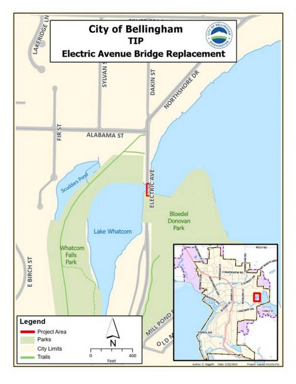 A red mark shows the location of the Electric Avenue bridge, which was closed Monday, June 3, 2024, after it failed a safety inspection.