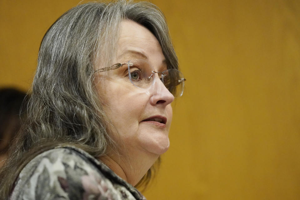 Laurie White, mother of slain Brookhaven Police Officer James White, speaks directly to her son's admitted killer Marquis Aaron Flowers, in the Lincoln County Circuit Court, moments after he plead guilty to first degree murder in the 2018 shooting deaths of two Brookhaven police officers including White, Wednesday morning, Nov. 3, 2021, in Brookhaven, Miss. Members of the officers' families addressed the court in emotional impact statements, asking for the maximum sentences to be imposed. (AP Photo/Rogelio V. Solis)