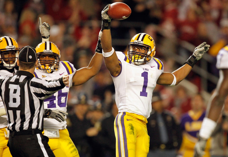 TUSCALOOSA, AL - NOVEMBER 05: Eric Reid #1 of the LSU Tigers looks at the referee and reacts after catching the ball for an interception against Alabama Crimson Tide during the second half of the game at Bryant-Denny Stadium on November 5, 2011 in Tuscaloosa, Alabama. (Photo by Streeter Lecka/Getty Images)