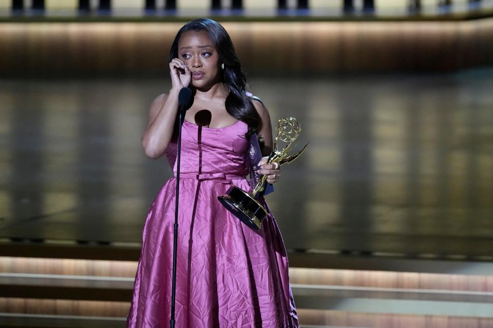 Quinta Brunson tearfully accepts the award for outstanding lead actress in a comedy series at the 2024 Emmys.