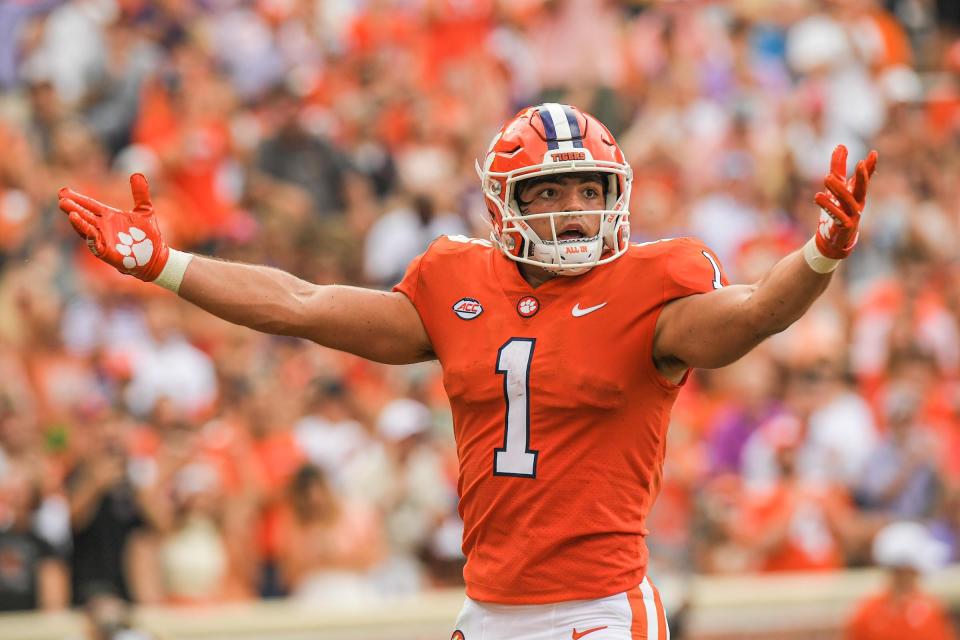 Clemson running back Will Shipley (1) reacts after scoring against Georgia Tech during the first quarter in Clemson, S.C., September 18, 2021. 