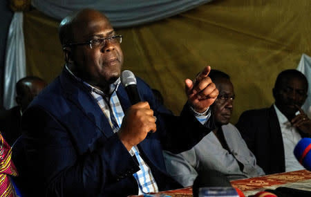 FILE PHOTO: Congolese opposition politician Felix Tshisekedi addresses a news conference in Limete Municipality of Kinshasa, Democratic Republic of Congo, October 12, 2017. REUTERS/Robert Carrubba/File Photo