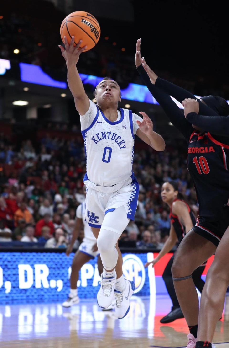 Brooklynn Miles drives to the basket against Georgia during Wednesday’s game at Bon Secours Wellness Arena in Greenville, South Carolina. Miles finished with 11 points and five assists.