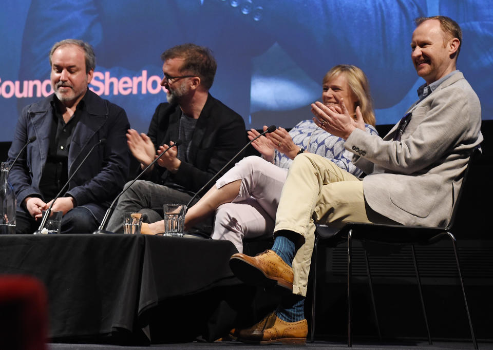 LONDON, ENGLAND – APRIL 09: (L-R) Composer David Arnold, composer Michael Price, producer Sue Vertue and actor Mark Gatiss attend a panel discussion about ‘The Sound of Sherlock’ at the BFI & Radio Times TV Festival at BFI Southbank on April 9, 2017 in London, England. (Photo by Tabatha Fireman/Getty Images)