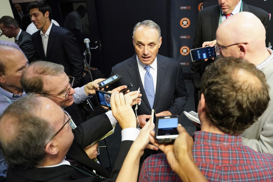 Commissioner Rob Manfred addressed the Astros controversy before World Series Game 2. (AP Photo/David J. Phillip)