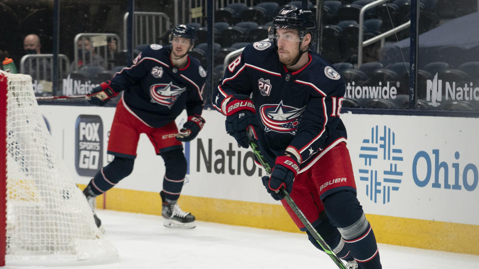 COLUMBUS, OH - JANUARY 21: Pierre-Luc Dubois #18 of the Columbus Blue Jackets skates with the puck during the game between the Columbus Blue Jackets and the Tampa Bay Lightning at Nationwide Arena in Columbus, Ohio on January 21, 2021. (Photo by Jason Mowry/Icon Sportswire via Getty Images)