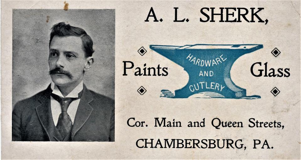 This is an advertisement card from the late 1890s for Sherk Hardware at South Main and East Queen streets in Chambersburg. This business was very successful for many years.