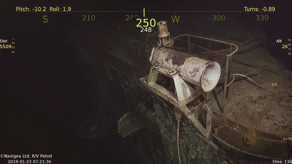 This photo provided by Paul G. Allen’s Vulcan Inc. shows a signal horn at the wreckage of the USS Hornet. A research vessel funded by the late Seattle billionaire Paul Allen has discovered the wreckage of the aircraft carrier sunk in the South Pacific during World War II. Allen's Vulcan Inc. announced this week of Feb. 10, 2019, that an autonomous submarine sent by the crew of the research vessel Petrel found the USS Hornet nearly 17,500 feet (5,400 meters) deep near the Solomon Islands. The Hornet was best known for its part in the Doolittle Raid in April 1942, the first air attack on Japan. (Paul G. Allen’s Vulcan Inc. via AP)