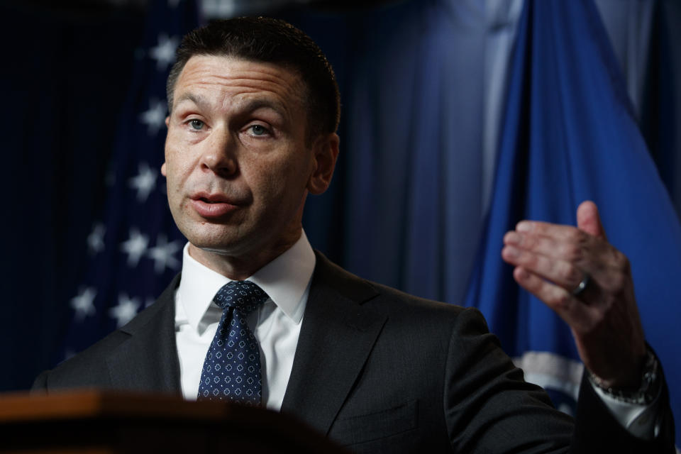 Department of Homeland Security (DHS) acting Secretary Kevin McAleenan speaks during a news conference in Washington, Friday, June 28, 2019. (AP Photo/Carolyn Kaster)