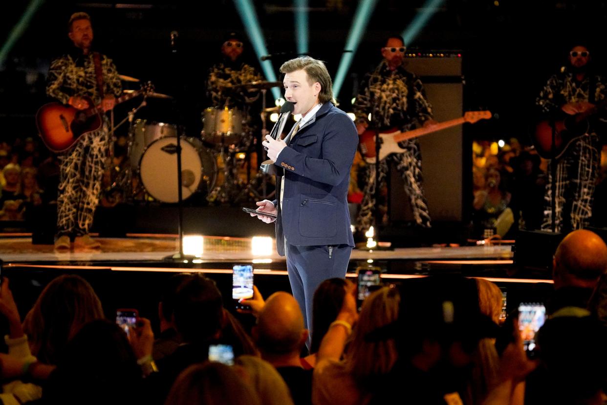 Morgan Wallen accepts the award for Album of the Year during the 57th Academy of Country Music Awards at Allegiant Stadium in Las Vegas, Nev., Monday, March 7, 2022.