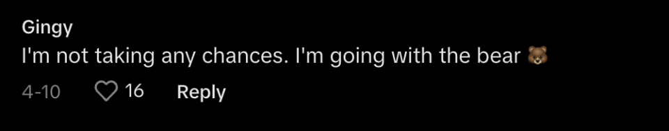 Comment by Gingy: "I'm not taking any chances. I'm going with the bear" with a bear emoji. 16 likes