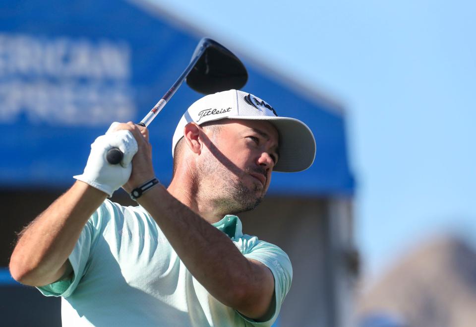 Brian Harman hits his drive shot from the tee of hole one of the Pete Dye Stadium course during the final round of The American Express at PGA West in La Quinta, Calif., Sunday, Jan. 23, 2022. 