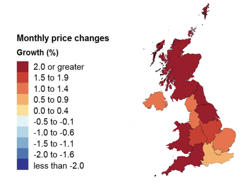 Price changes by country and government office region. Image: ONS