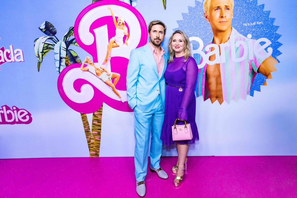 <p>Getty Images</p> Ryan Gosling and sister Mandi Gosling attend "Barbie" event