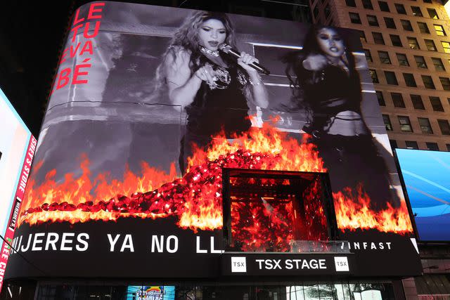 <p>Kevin Mazur/Getty</p> Shakira performs in Times Square in New York City on March 26, 2024