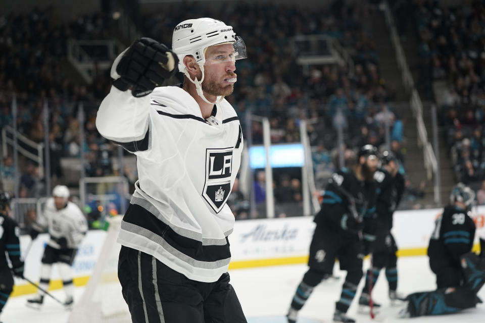 Los Angeles Kings center Jeff Carter (77) reacts after scoring during overtime against the San Jose Sharks in an NHL hockey game in San Jose, Calif., Friday, Dec. 27, 2019. The Kings won 3-2. (AP Photo/Tony Avelar)