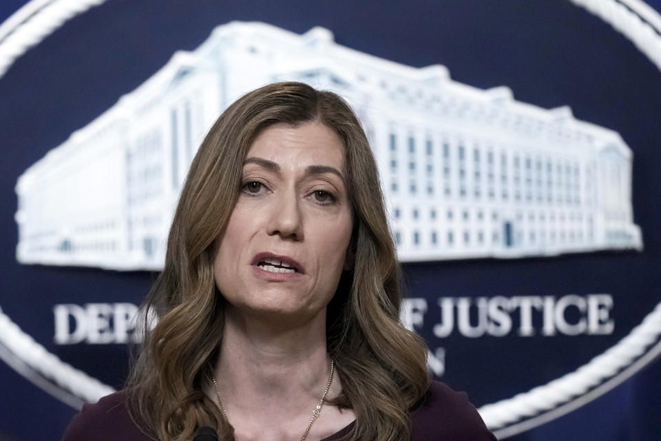 FILE - U.S. Drug Enforcement Administration Administrator Anne Milgram speaks during a news conference at the Justice Department in Washington, Friday, April 14, 2023. A federal watchdog is investigating hiring practices at the DEA under Milgram and whether millions of dollars in no-bid contracts were improperly steered to her past associates, according to people familiar with the probe. (AP Photo/Susan Walsh, File)