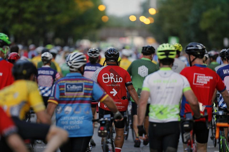 Riders make their way to the starting line for Pelotonia at North Bank Park in 2019.