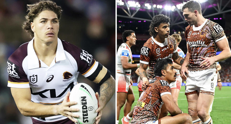 Corey Oates and Reece Walsh in action for the Broncos.