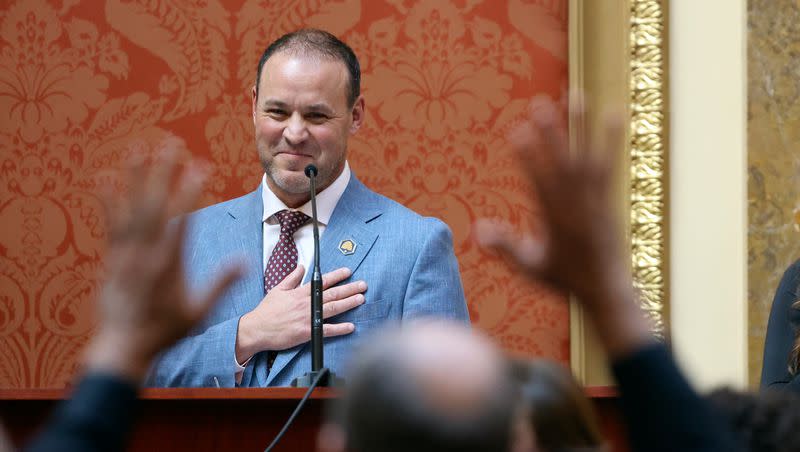 House Speaker Mike Schultz, R-Hooper, smiles as he watches Dr. Michael Huff direct the Snow College Cadence Chamber Choir on the first day of the general legislative session in the House chamber at the Capitol in Salt Lake City on Tuesday, Jan. 16, 2024.