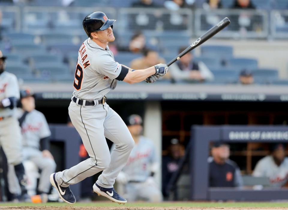 Detroit Tigers' Gordon Beckham hits a solo home run in the eighth inning against the New York Yankees at Yankee Stadium on April 3, 2019 in New York.