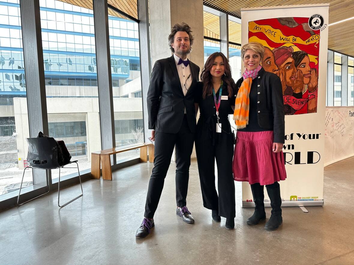 Mayor Jyoti Gondek along with conference co-leads Pierre Demeulenaere and Jenica Ocampo. (Omar Sherif/CBC - image credit)