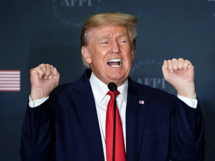 Former U.S. President Donald Trump speaks about transgender athletes during the America First Agenda Summit, at the Marriott Marquis hotel July 26, 2022 in Washington, DC.