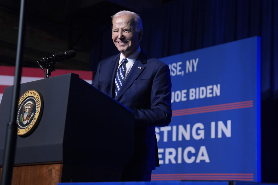 President Joe Biden delivers remarks on the CHIPS and Science Act at the Milton J. Rubenstein Museum, Thursday, April 25, 2024, in Syracuse, N.Y. (AP Photo/Evan Vucci)