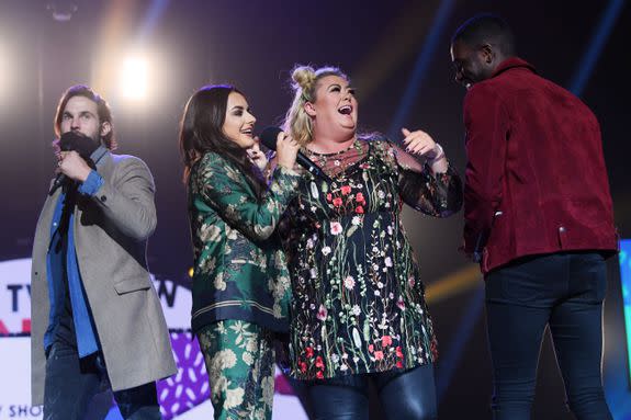 Mandatory Credit: Photo by David Fisher/REX/Shutterstock (9166124l) Gemma Collins presents 'Love Island' with Best TV Show, falls through trap door in floor and is helped back up BBC Radio 1's Teen Awards, Show, SSE Arena Wembley, London, UK - 22 Oct 2017