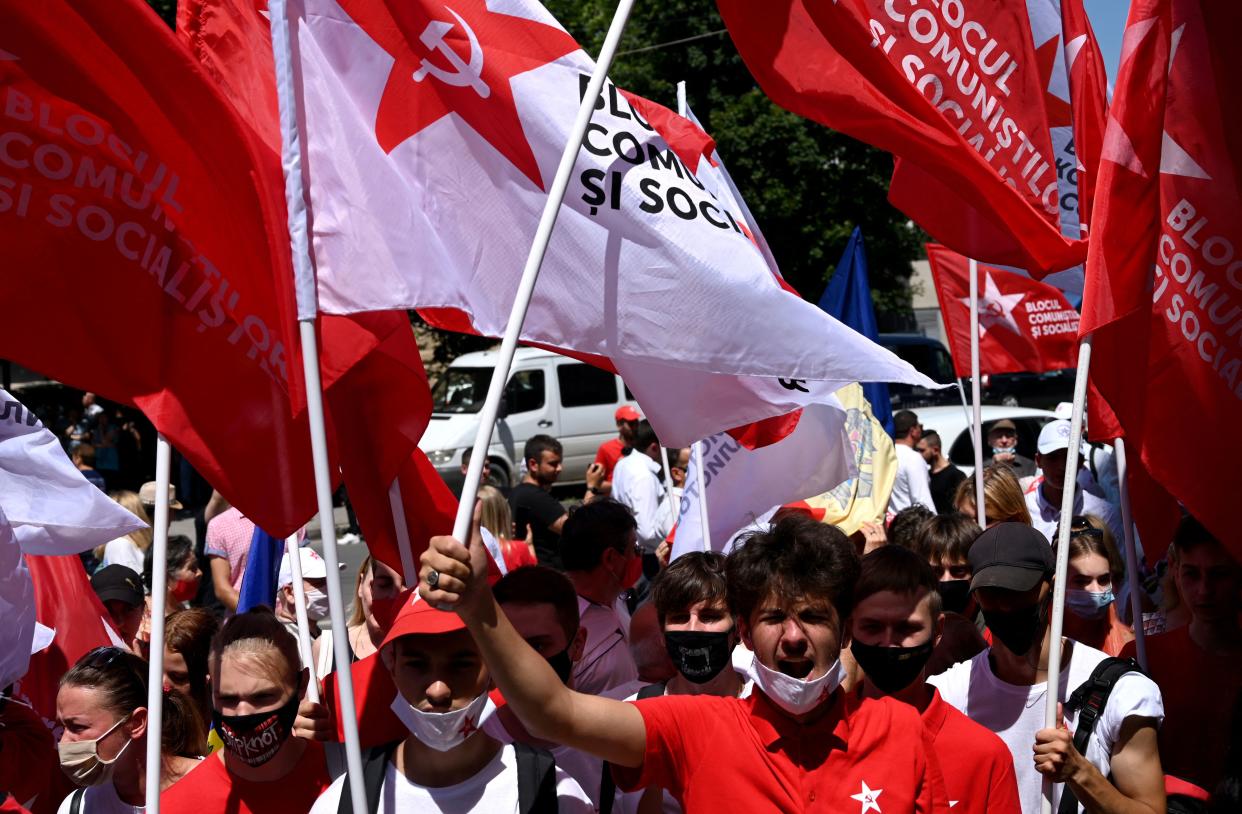 Supporters of the Communists and Socialists bloc attend a rally in Chisinau on July 9, 2021. (Sergei Gapon/AFP via Getty Images)