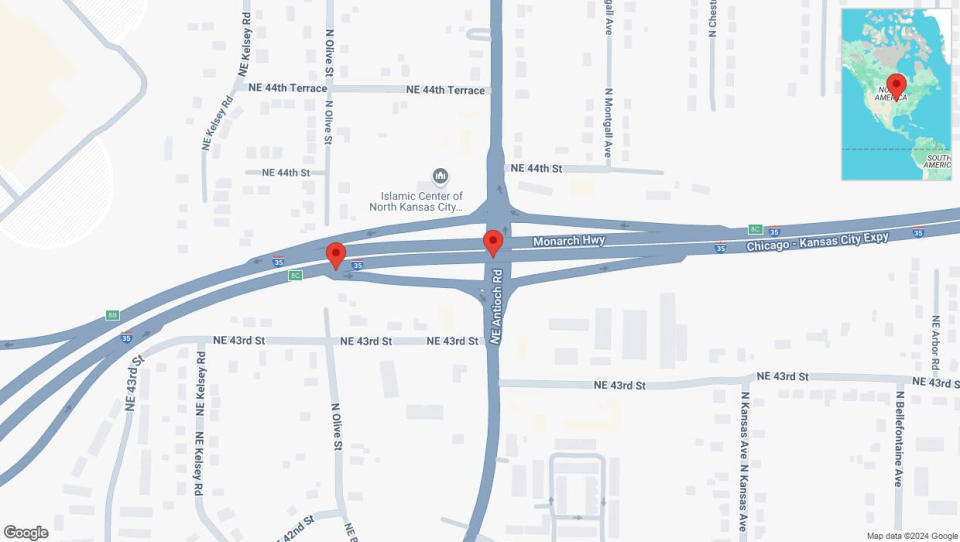 A detailed map that shows the affected road due to 'Warning: Crash on northbound I-35 in Kansas City' on September 17th at 5:31 p.m.