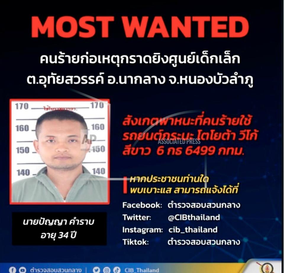 A 'wanted' poster released by the Thailand Criminal Investigations Bureau featuring a musghot of a suspect.