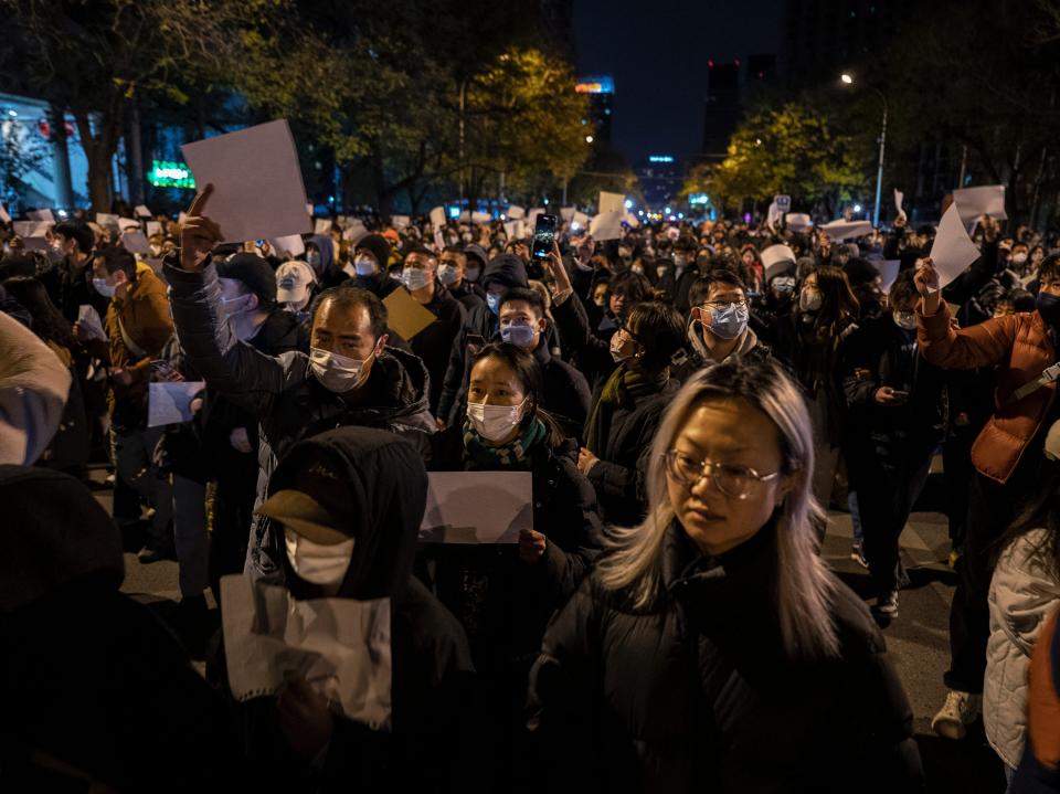 Demonstrators in Beijing on November 27, 2022.