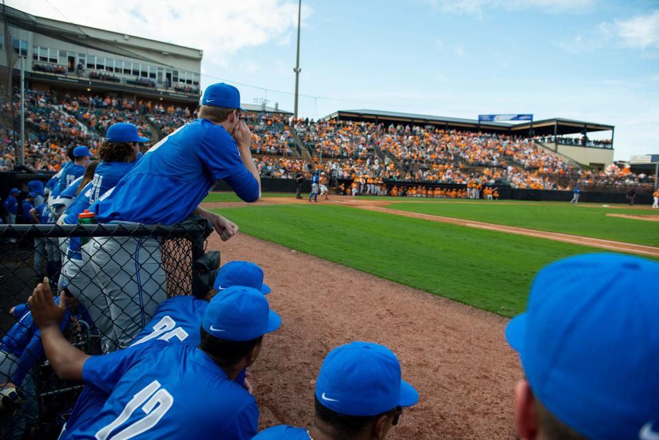 Fans at Jackson's ballpark stadium watch the University of Memphis Tigers and the the University of Tennessee Volunteers baseball teams during a November 2022 exhibition game.