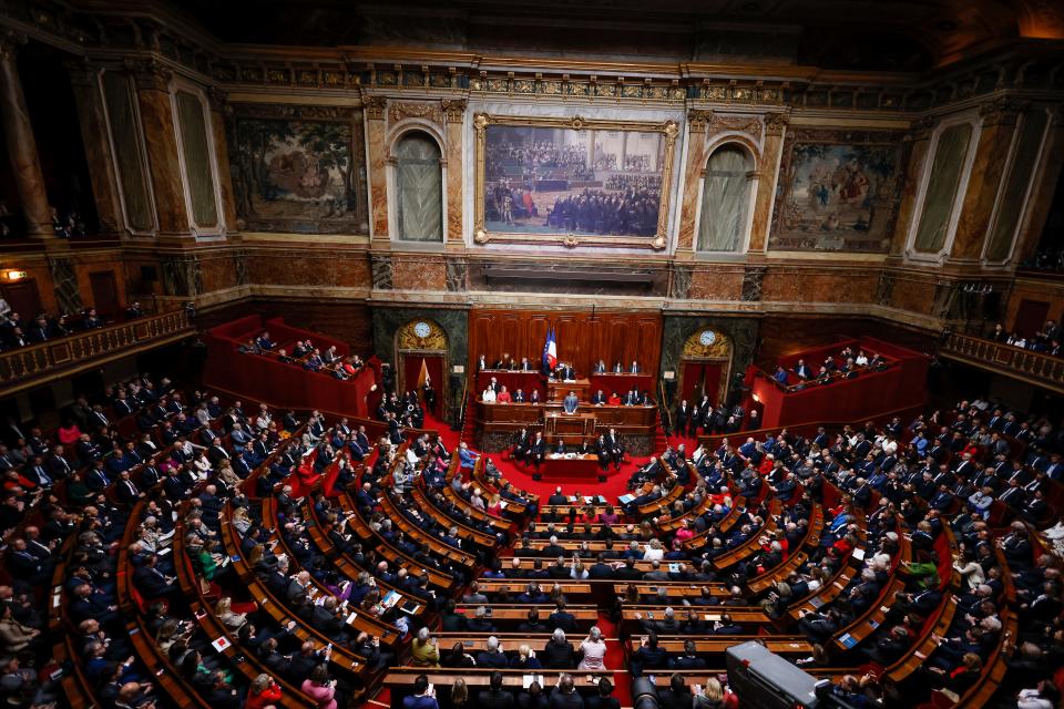 A General view of the Congress of both Houses of Parliament at the Palace of Versailles during the speech of French Prime Minister Gabriel Attal in Versailles, west of Paris, Monday, March 4, 2024.