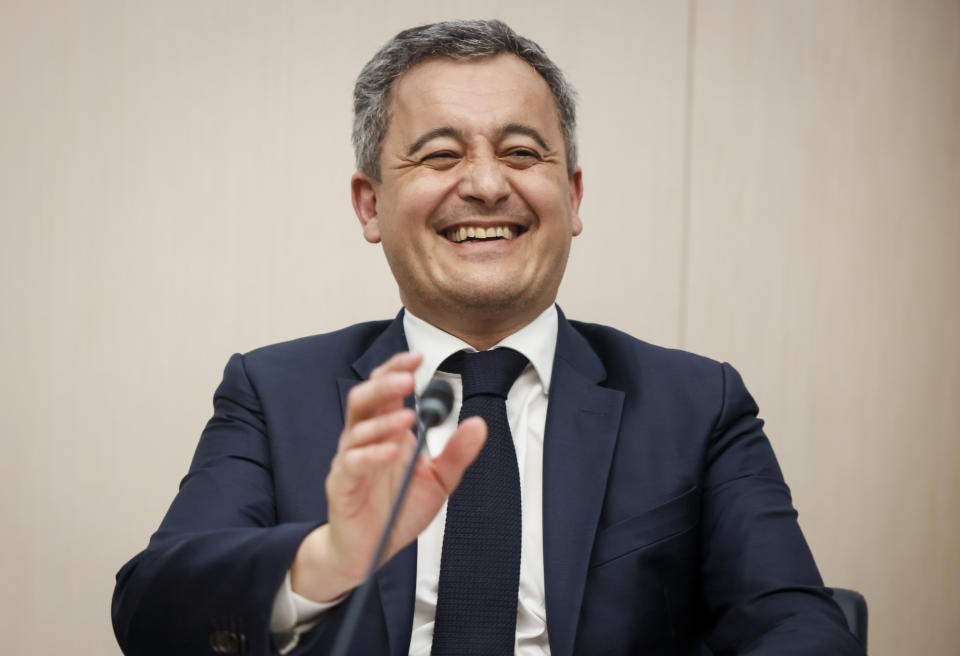 French Interior Minister Gerald Darmanin attends an Olympics security hearing at the Senate in Paris, Tuesday, March 5, 2024. The French government announced that tourists won't be allowed to watch the opening ceremony of the Paris Olympics for free as initially promised, the government announced Tuesday, as it grapples with security concerns about the unprecedented open-air event along the Seine River. (AP Photo/Thomas Padilla)