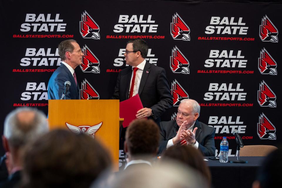 Ball State University President Geoffrey S. Mearns (left) introduced Jeff Mitchell as new Athletics Director during a ceremony at its Alumni Center on Monday, Feb. 6, 2023.