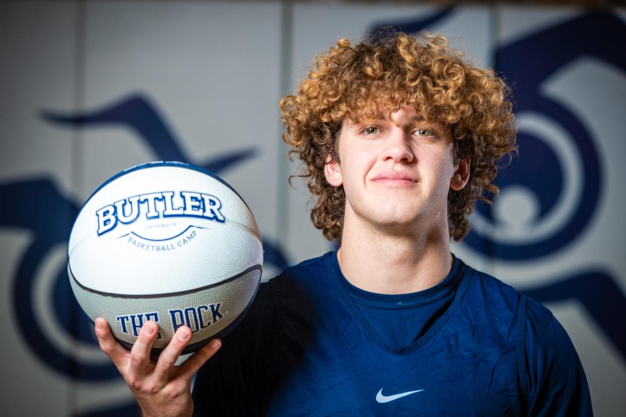 Butler University basketball player Finley Bizjack Media Day on Wednesday, Oct. 17, 2023, in the Butler University practice gym in Indianapolis.