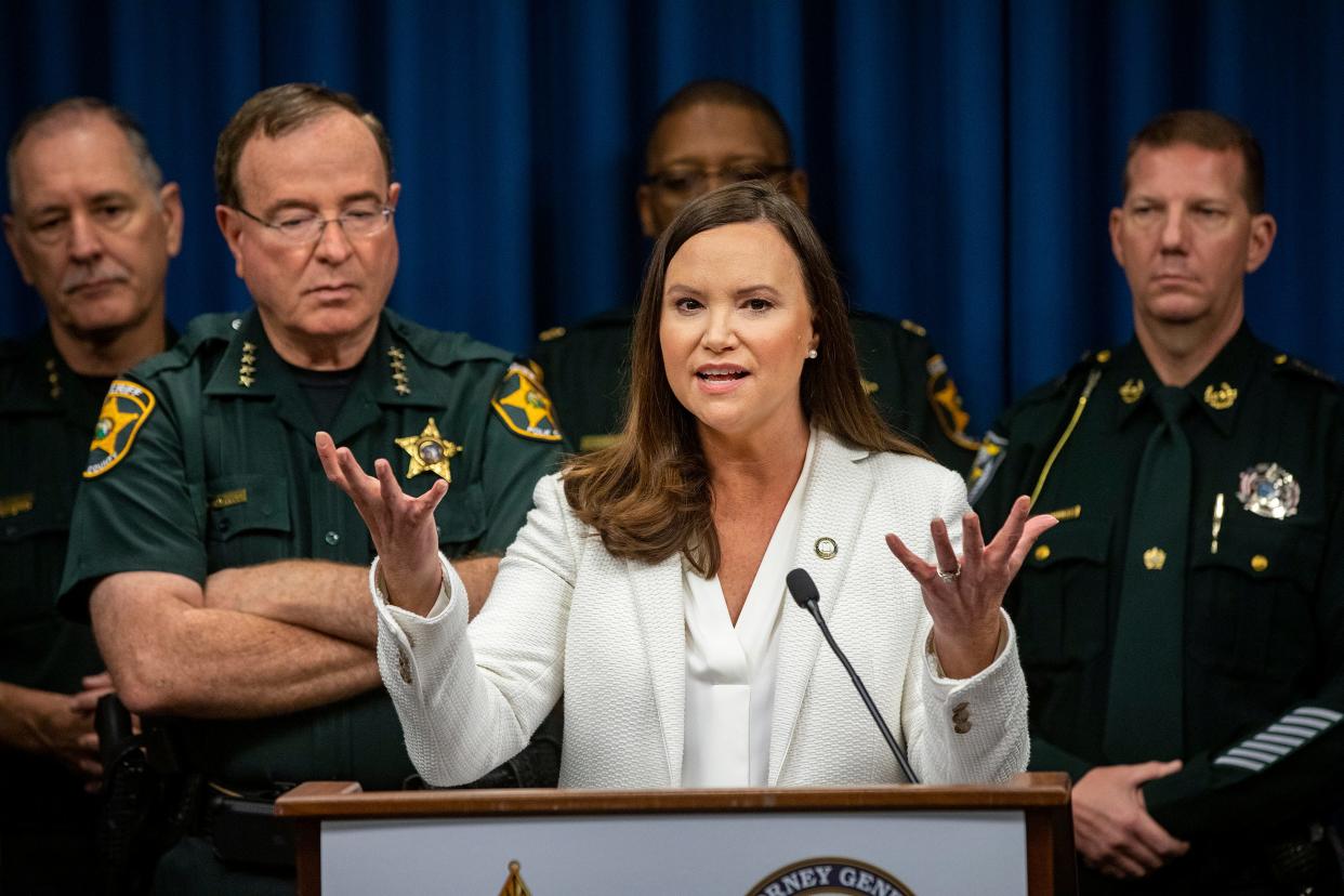 Florida Attorney General Ashley Moody speaks during a news conference announcing a new statewide taskforce to combat organized retail theft rings at the Polk County Sheriff's Operation Center in Winter Haven on Thursday.