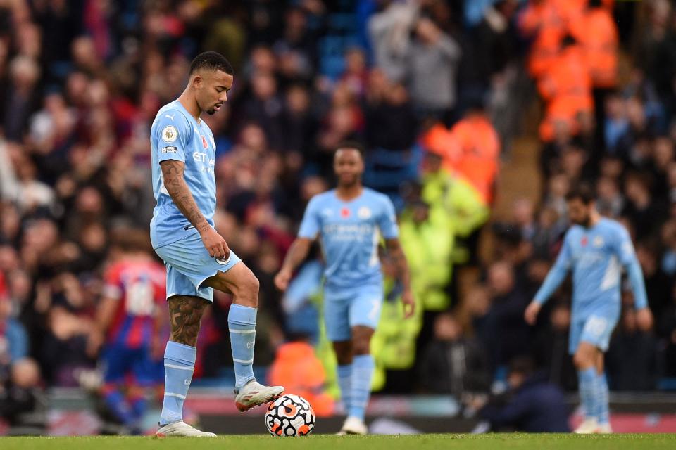 Manchester City's Brazilian striker Gabriel Jesus reacts to going 0-2 down to Crystal Palace during their English Premier League football match.