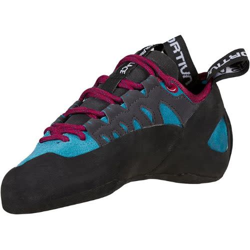 blue, pink and black climbing shoes la sportica