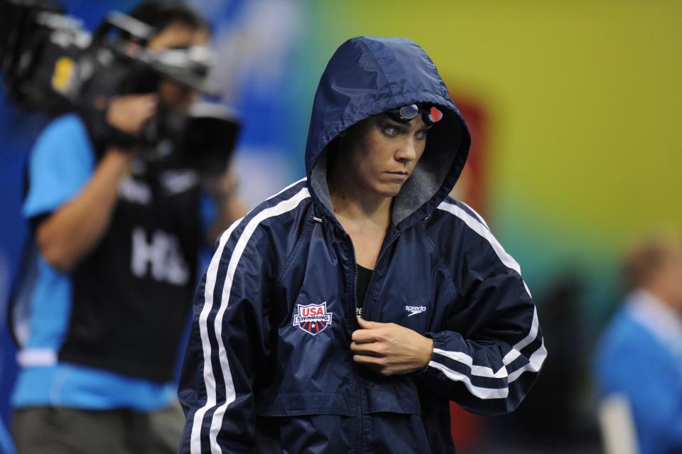 US swimmer Natalie Coughlin arrives to compete in the final of the women's 100-metre freestyle swimming event in the FINA World Championships at the indoor stadium of the Oriental Sports Center in Shanghai on July 29, 2011. She finished eighth. AFP PHOTO / FRANCOIS XAVIER MARIT (Photo credit should read FRANCOIS XAVIER MARIT/AFP/Getty Images)