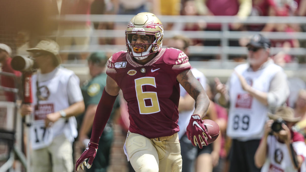 Florida State tight end Tre' McKitty (6) after recovering a fumble that was nullified by the officials during an NCAA football game against Boise State on Saturday, Aug. 31, 2019 in Tallahassee, Fla. (AP Photo/Gary McCullough)