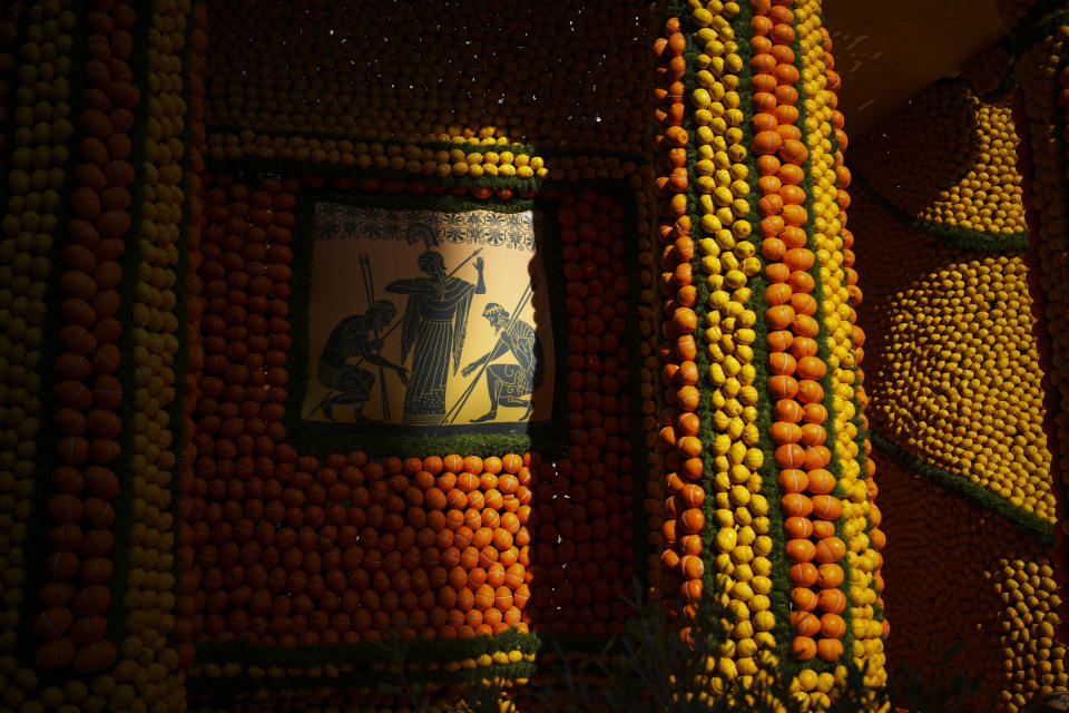 A sculpture made with lemons is pictured during the 90th Olympia in Menton edition of the Lemon Festival in Menton, southern France, Saturday, Feb. 17, 2024. (AP Photo/Daniel Cole)