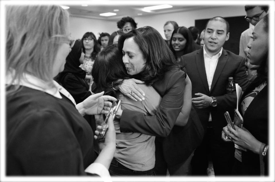 Sen. Kamala Harris at an immigration roundtable at the University of Nevada, Las Vegas, in June. (Photo: John Locher/AP; digitally enhanced by Yahoo News)