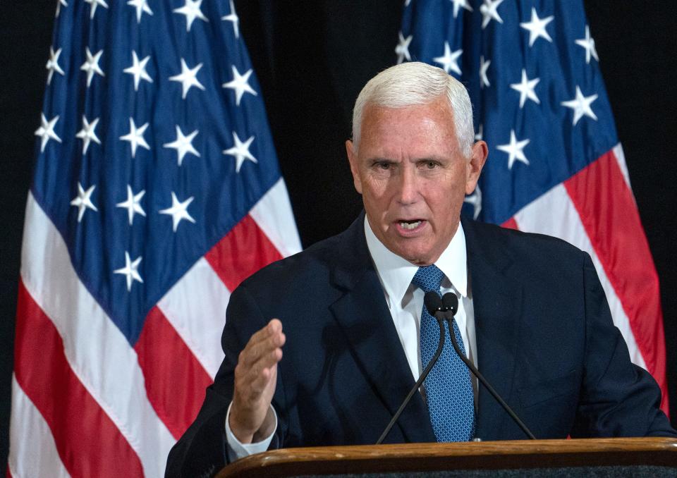 Former Vice President Mike Pence speaks during the NCSL Legislative Summit at the Indiana Convention Center, Wednesday, Aug. 16, 2023 in Indianapolis.