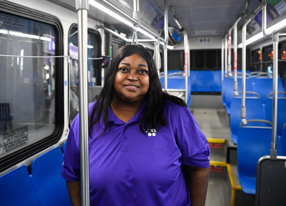 Priscilla Barcous drives the WeGo bus around Nashville downtown on West End Avenue, Tuesday, May 3, 2022. 